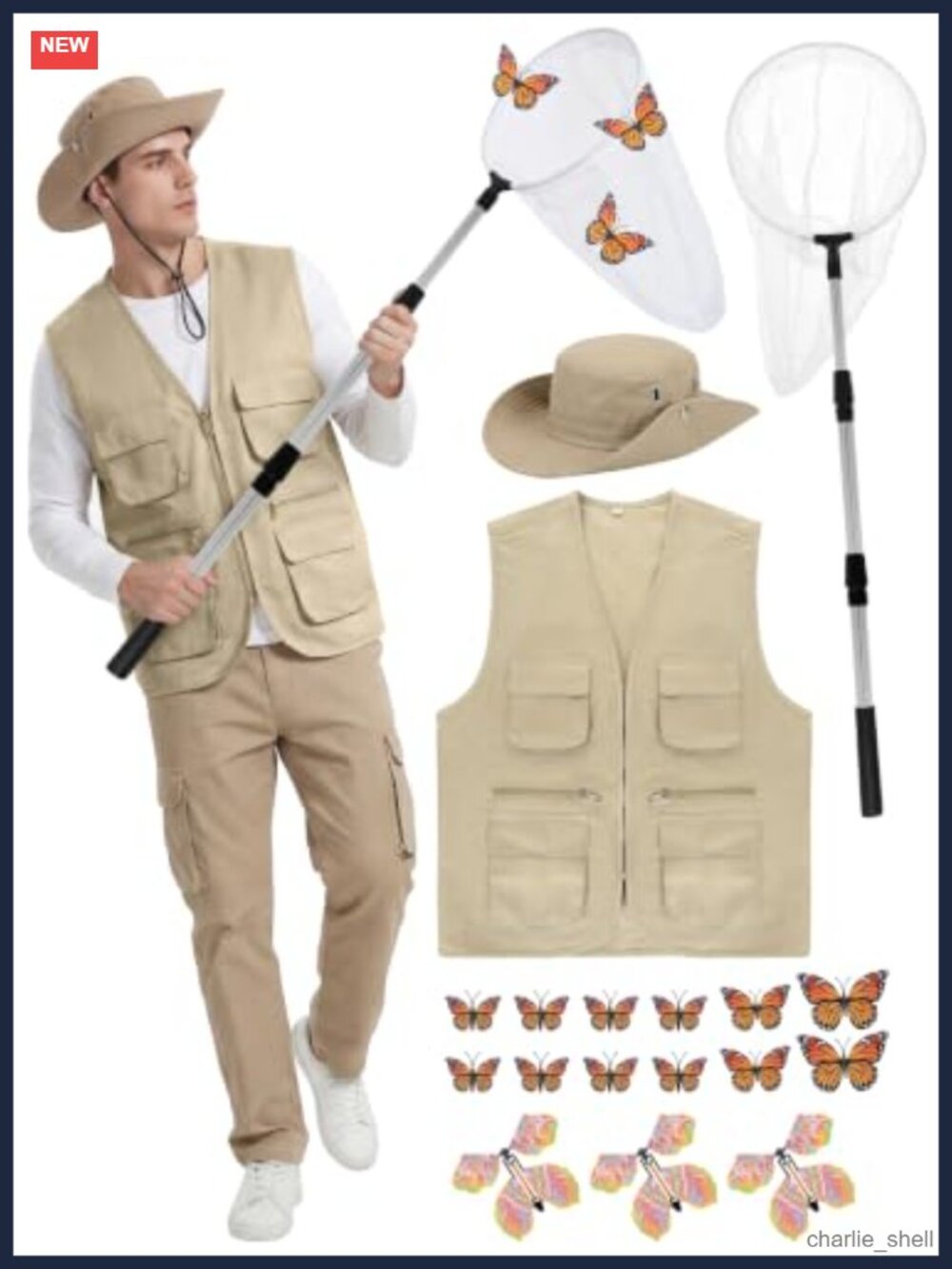 Adult Butterfly Catcher Costume Set Vest Hat Net Butterfly Prop Halloween
